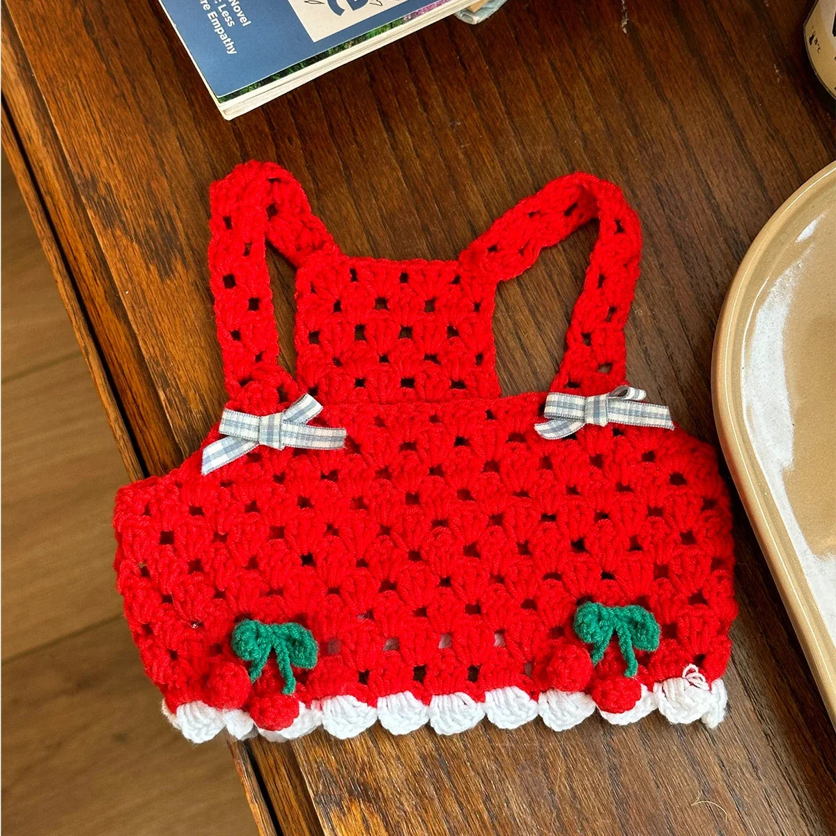 Knitted Cherry Vest and Black Dress