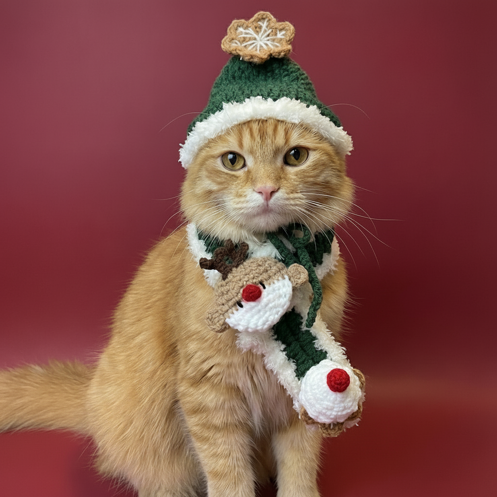 Crocheted Hat and Scarf with White Outline