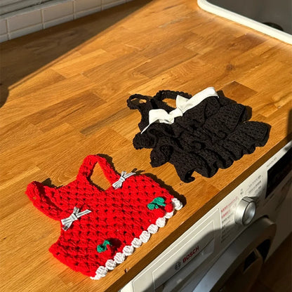 Knitted Cherry Vest and Black Dress